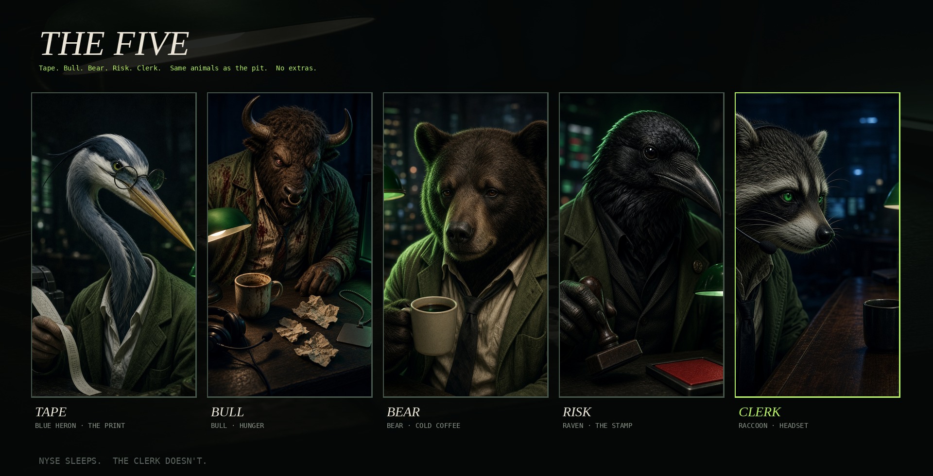 The Five: Tape the blue heron, Bull the bull, Bear the bear, Risk the raven, Clerk the raccoon.